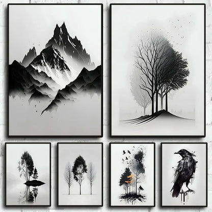 DecorBites™ Black and White Mountain Tree Landscape Wall Art