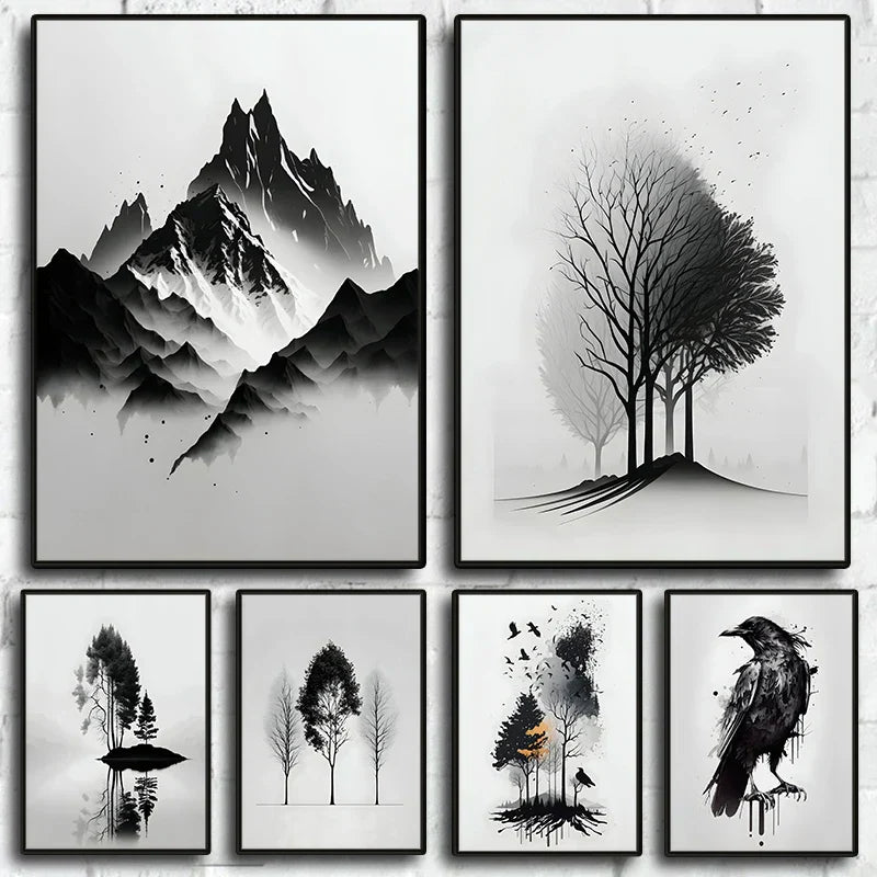 DecorBites™ Black and White Mountain Tree Landscape Wall Art