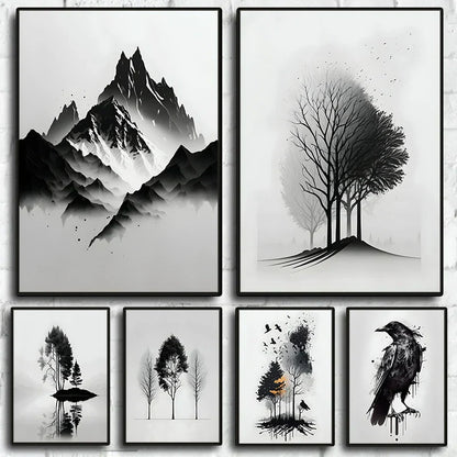 DecorBites™ Black and White Mountain Tree Landscape Wall Art