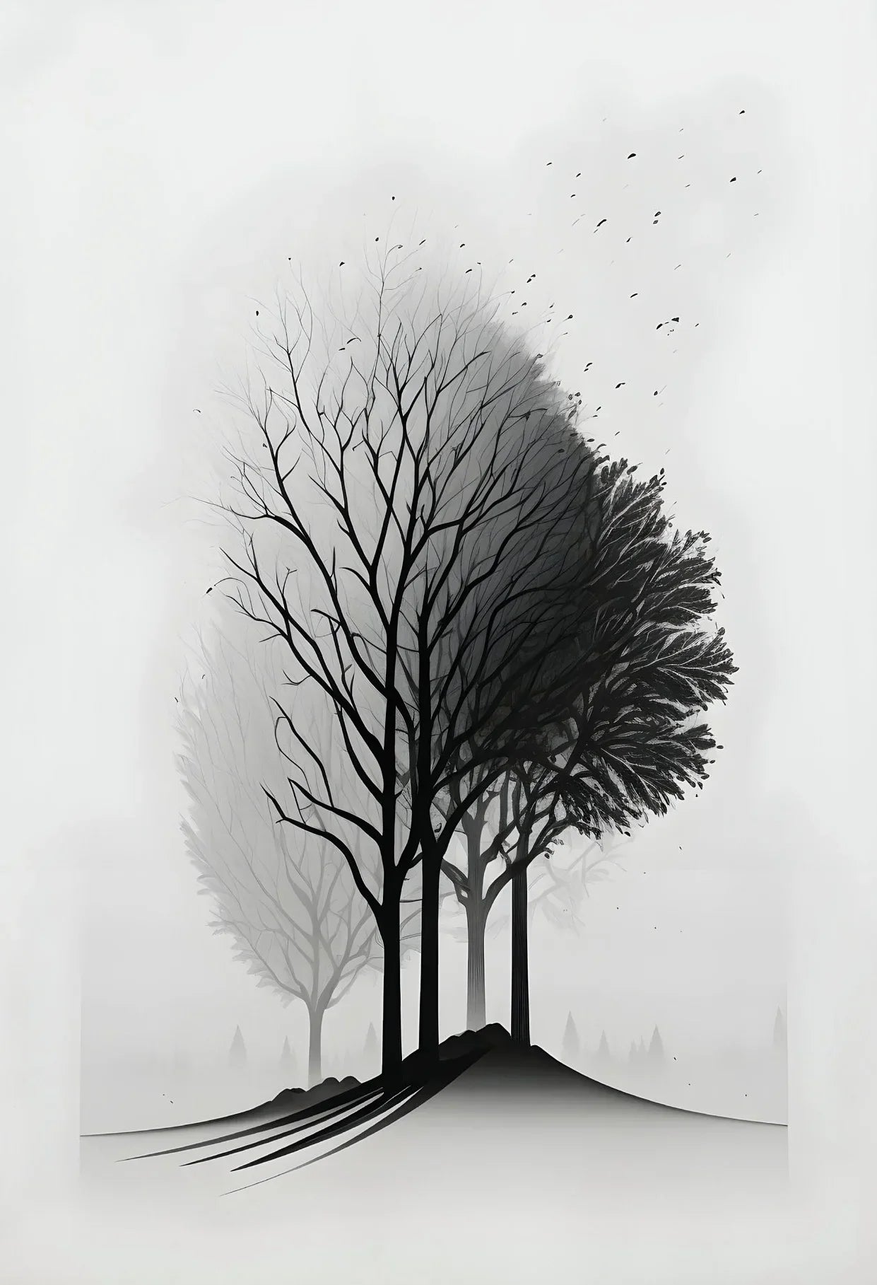 DecorBites™ Black and White Mountain Tree Landscape Wall Art