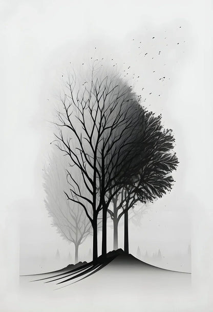 DecorBites™ Black and White Mountain Tree Landscape Wall Art