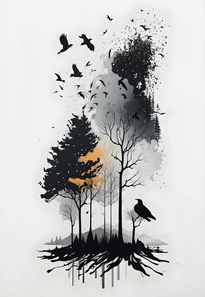 DecorBites™ Black and White Mountain Tree Landscape Wall Art