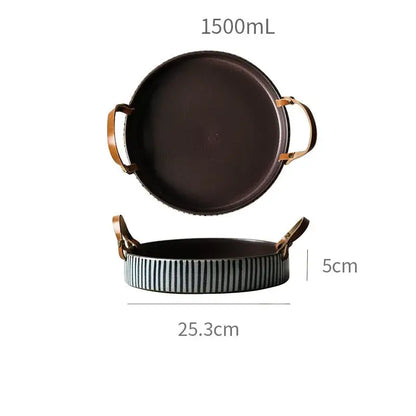 Black and white striped porcelain bowl with leather handle dining room