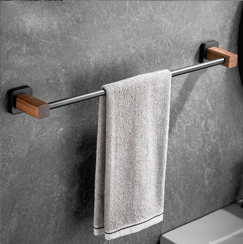 Black and wood bathroom hardware set with storage shelf