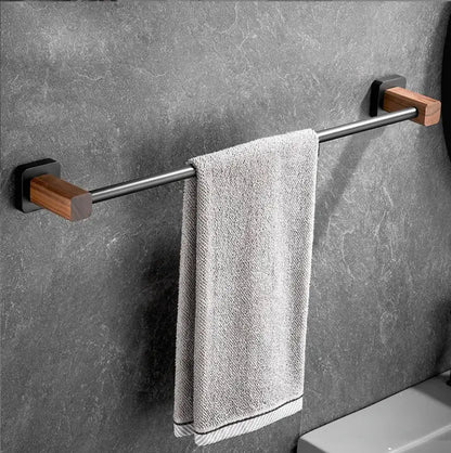 Black and wood bathroom hardware set with storage shelf