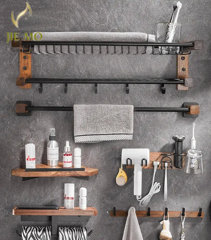Black and wood bathroom hardware set with storage shelf