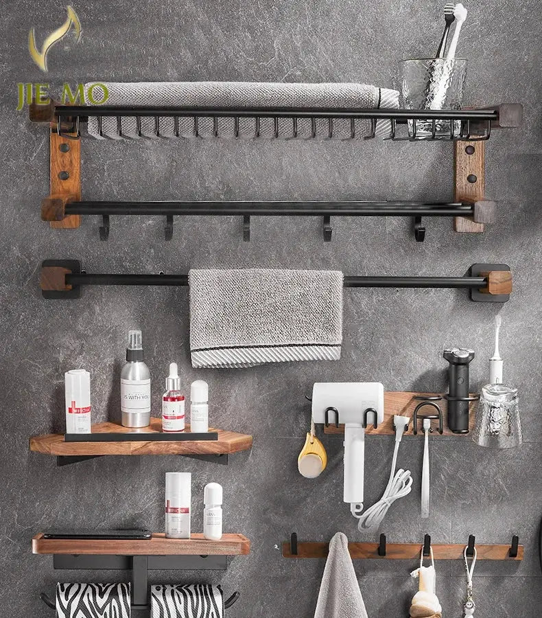 Black and wood bathroom hardware set with storage shelf