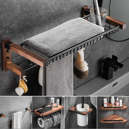 Black and wood bathroom hardware set with storage shelf