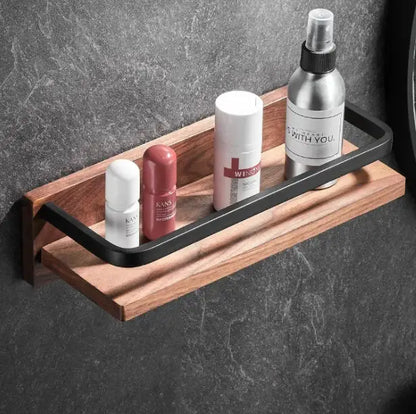 Black and wood bathroom hardware set with storage shelf