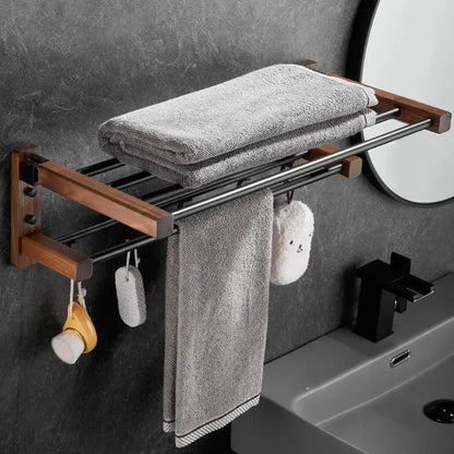 Black and wood bathroom hardware set with storage shelf