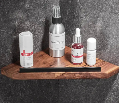 Black and wood bathroom hardware set with storage shelf