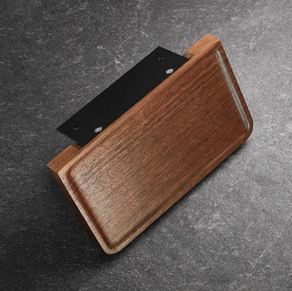 Black and wood bathroom hardware set with storage shelf