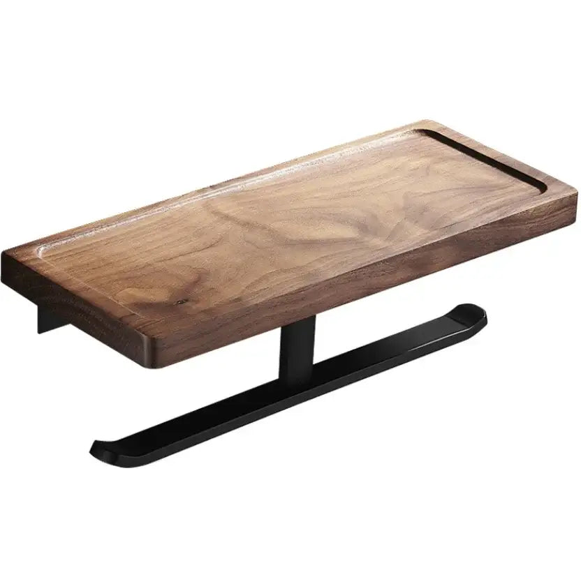 Black and wood bathroom hardware set with storage shelf