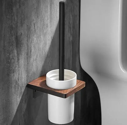 Black and wood bathroom hardware set with storage shelf