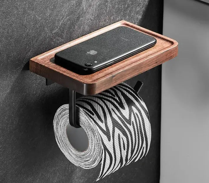 Black and wood bathroom hardware set with storage shelf