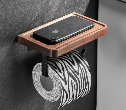 Black and wood bathroom hardware set with storage shelf