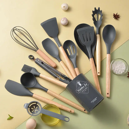 Black and wood silicone kitchen utensil set – kitchen storage box