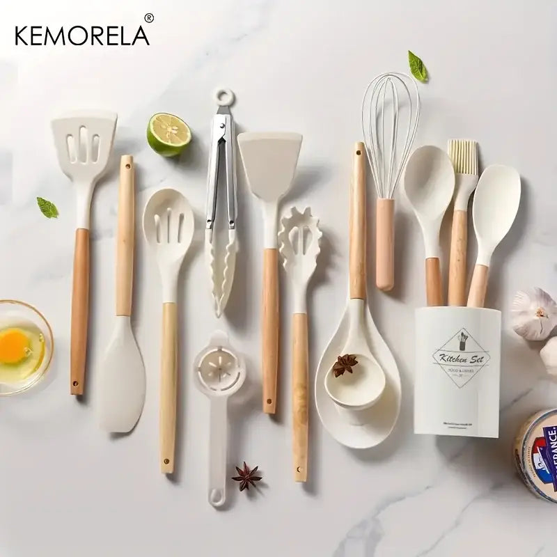 Black and wood silicone kitchen utensil set – kitchen storage box