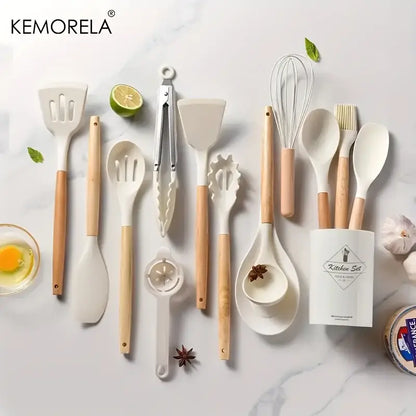 Black and wood silicone kitchen utensil set – kitchen storage box