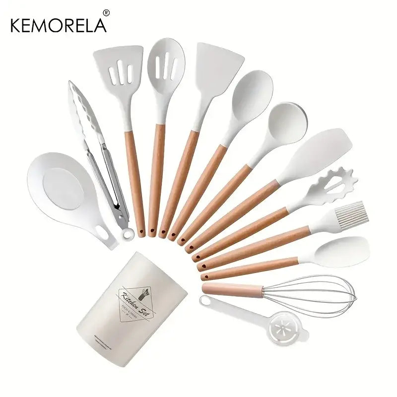 Black and wood silicone kitchen utensil set – kitchen storage box