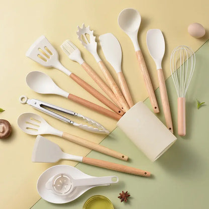 Black and wood silicone kitchen utensil set – kitchen storage box