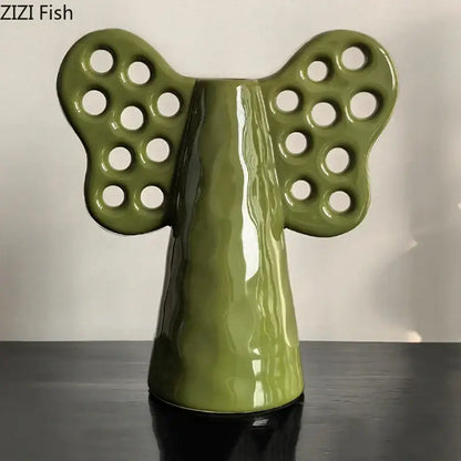 Black angel elephant ceramic vase with artificial flowers living room