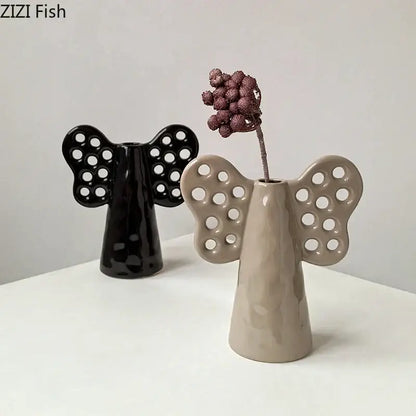 Black angel elephant ceramic vase with artificial flowers living room
