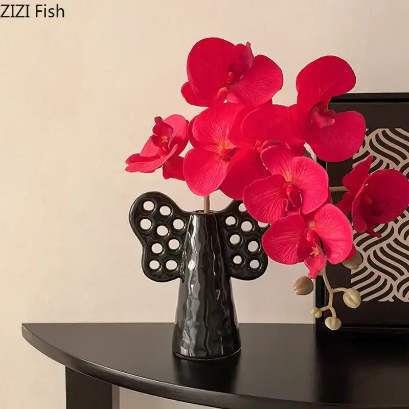 Black angel elephant ceramic vase with artificial flowers living room