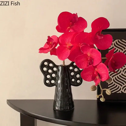 Black angel elephant ceramic vase with artificial flowers living room