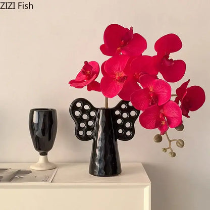 Black angel elephant ceramic vase with artificial flowers living room