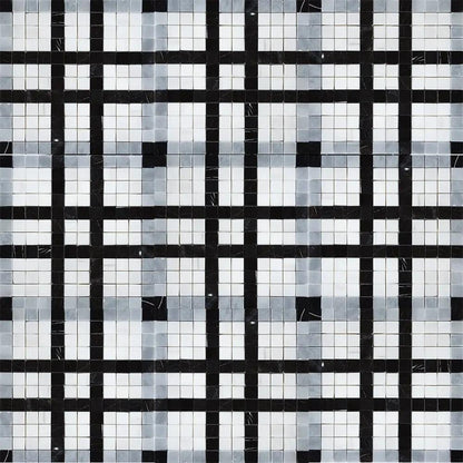 Black, Bianco Dolomiti, Afyon Gray Multi Finish Checker Marble Mosaics 12x12