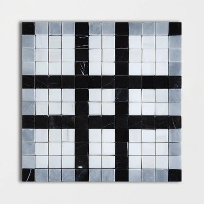 Black, Bianco Dolomiti, Afyon Gray Multi Finish Checker Marble Mosaics 12x12