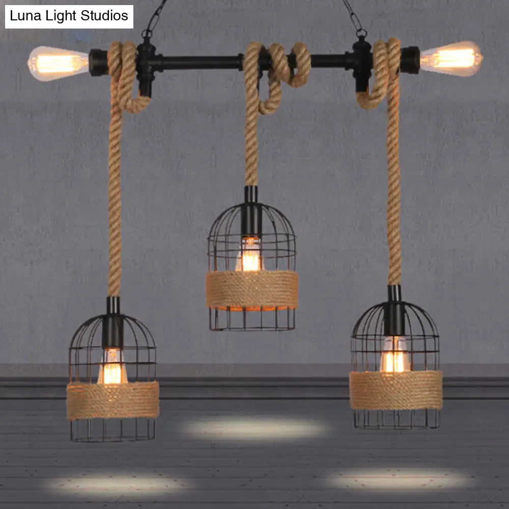 DecorBites™ Black Birdcage Island Pendant Light with Jute Rope Cord - 5 Bulbs, Factory Metal Design