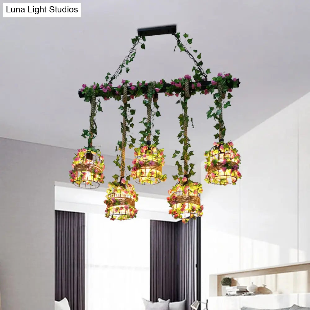 DecorBites™ Black Birdcage Metallic Linear Pendant with Rose Vine: 5 Bulbs Rope Island Light Fixture