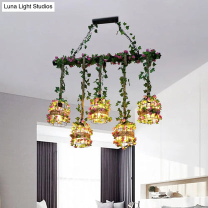 DecorBites™ Black Birdcage Metallic Linear Pendant with Rose Vine: 5 Bulbs Rope Island Light Fixture
