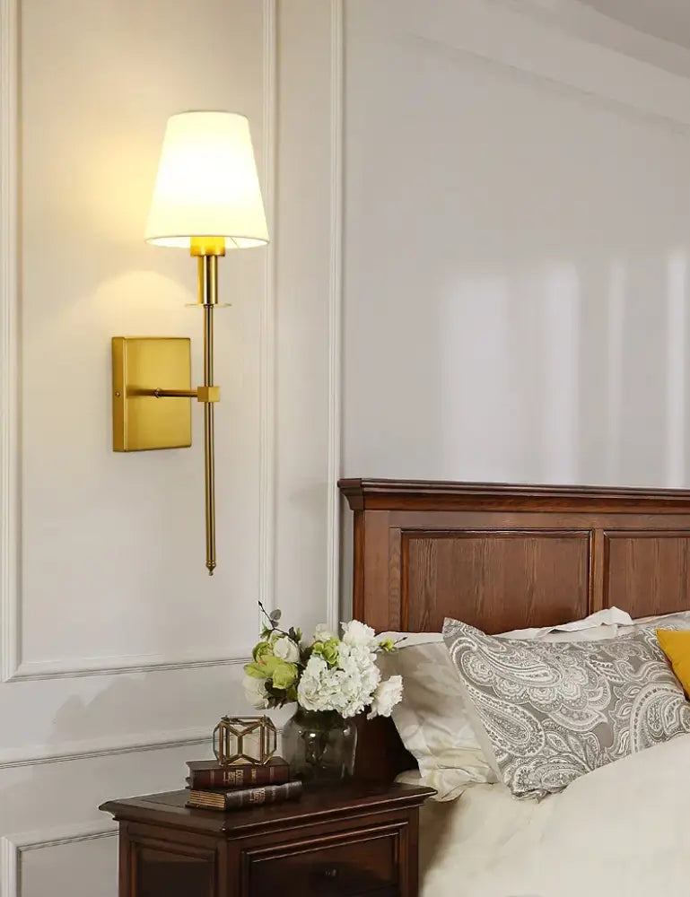 Black brass fabric shade wall sconce bedroom light