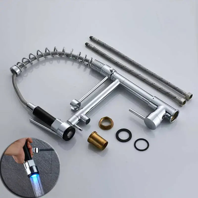 Black bronze dual spout kitchen faucet with led sprayer