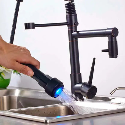 Black bronze dual spout kitchen faucet with led sprayer