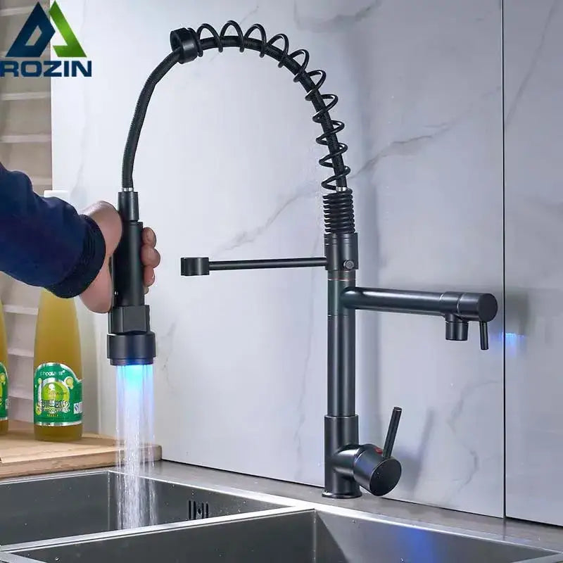 Black bronze dual spout kitchen faucet with led sprayer