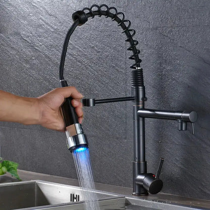 Black bronze dual spout kitchen faucet with led sprayer
