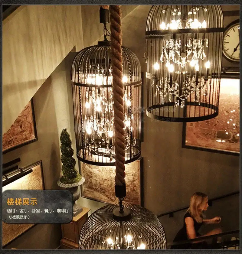 Black & bronze iron birdcage crystal chandelier dining room light