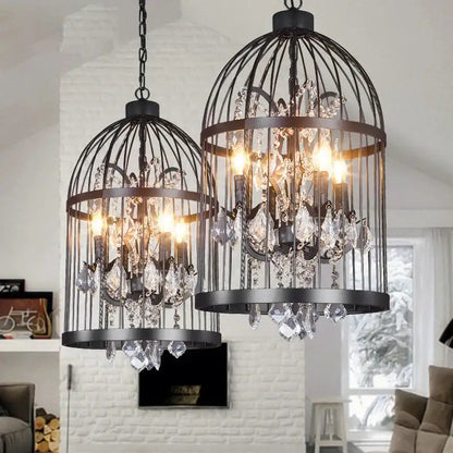Black & bronze iron birdcage crystal chandelier dining room light