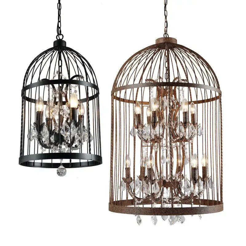 Black & bronze iron birdcage crystal chandelier dining room light