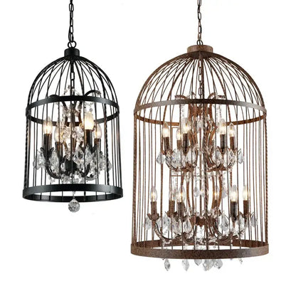 Black & bronze iron birdcage crystal chandelier dining room light