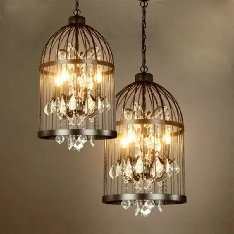 Black & bronze iron birdcage crystal chandelier dining room light