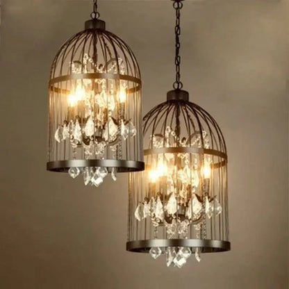 Black & bronze iron birdcage crystal chandelier dining room light