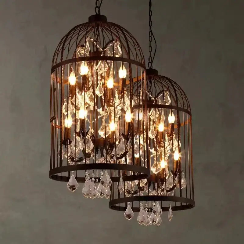 Black & bronze iron birdcage crystal chandelier dining room light