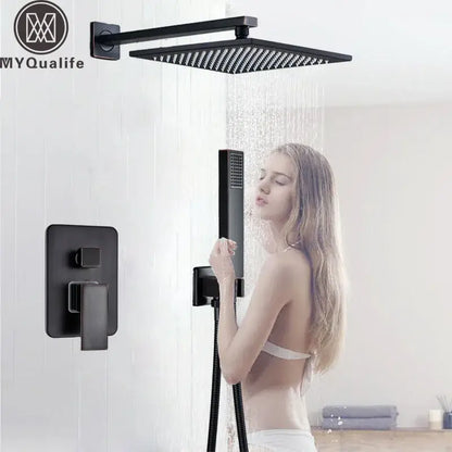Black bronze square rainfall shower faucet set bathroom wall mount