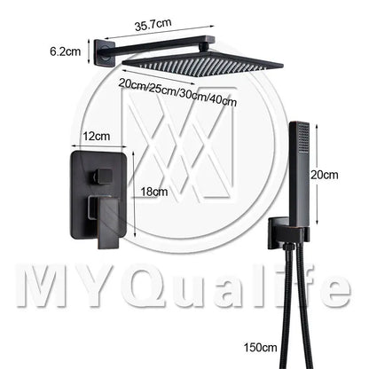 Black bronze square rainfall shower faucet set bathroom wall mount