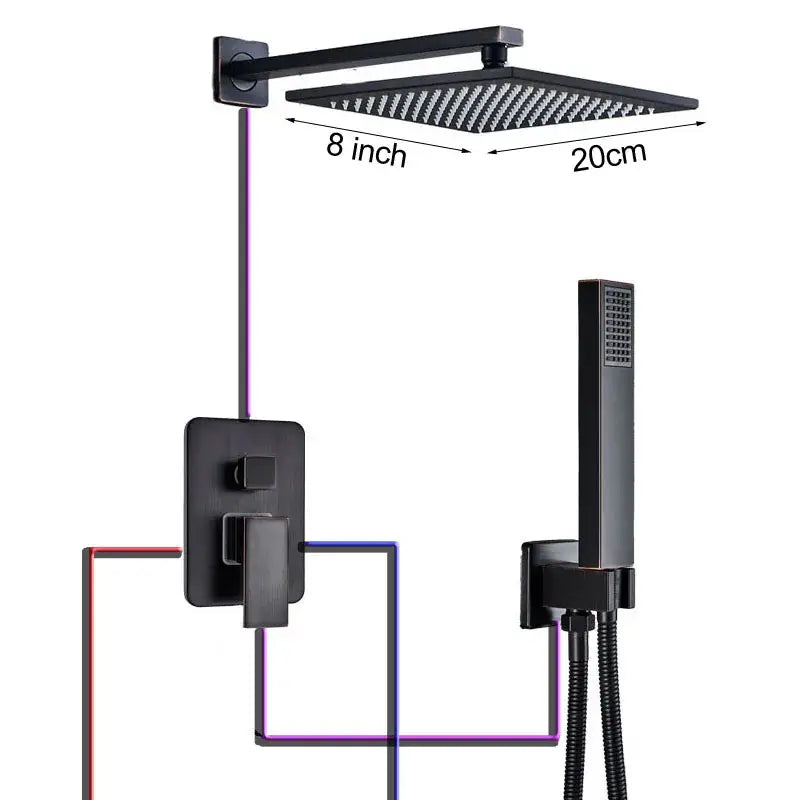 Black bronze square rainfall shower faucet set bathroom wall mount